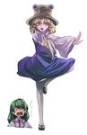  :o bad_id bad_pixiv_id blonde_hair detached_sleeves eredhen fighting_stance frog_hair_ornament green_hair hair_ornament hair_ribbon hat implied_pantyshot kochiya_sanae long_sleeves looking_at_another looking_at_viewer moriya_suwako multiple_girls open_mouth ribbon ribbon-trimmed_legwear ribbon_trim sandals shirt short_hair simple_background skirt standing standing_on_one_leg surprised thighhighs touhou v-shaped_eyebrows vest white_background white_legwear white_shirt wide_sleeves 