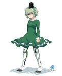  dress green_dress green_eyes green_hair hat japanese_clothes looking_at_viewer mechanical_legs prosthesis shikushiku_(amamori_weekly) short_hair simple_background soga_no_tojiko solo tate_eboshi touhou white_background 