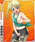  1girl artist_request blonde_hair blue_eyes blush breast_hold breast_slip card_(medium) charlotte_ember covering covering_crotch fei_(maidoll) female lilith-soft one_breast_out open_mouth pussy_juice small_breasts solo sweat taimanin_asagi taimanin_asagi_battle_arena tank_top tongue 