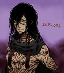  black_hair cape character_name commentary_request grey_eyes long_hair male_focus parted_lips puyora scp-076-2 scp_foundation shirtless solo tattoo 