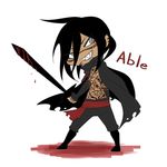  black_hair blood cape character_name chibi grey_eyes grin long_hair male_focus puyora scp-076-2 scp_foundation sharp_teeth shirtless slit_pupils smile solo standing sword teeth weapon 