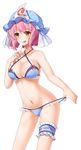  adapted_costume artist_name bikini bikini_pull blush breasts cleavage dripping food frilled_bikini frills groin highres large_breasts leg_garter melting open_mouth pink_eyes pink_hair popsicle pulled_by_self saigyouji_yuyuko short_hair simple_background smile solo swimsuit touhou transistor triangular_headpiece white_background 