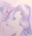  bow breasts cleavage collarbone dress hair_ribbon hazuki_iku long_hair looking_up lying nightgown on_back on_bed parted_lips patchouli_knowledge pillow purple_eyes purple_hair ribbon shikishi solo touhou traditional_media tress_ribbon watercolor_(medium) 