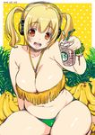  :d banana between_breasts bikini blonde_hair blush breasts brown_eyes cleavage coffee_cup collarbone commentary_request cup dated disposable_cup food fringe_trim fruit headphones jewelry large_breasts looking_at_viewer necklace nitroplus no_pupils open_mouth plump smile solo starbucks sumeragi_kohaku super_pochaco swimsuit twintails 