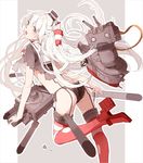  amatsukaze_(kantai_collection) ass black_panties dress garter_straps grey_eyes kantai_collection lace lace-trimmed_panties long_hair looking_back nine_(liuyuhao1992) no_pants open_mouth panties red_legwear rensouhou-kun revision sailor_dress side-tie_panties striped striped_legwear thighhighs torn_clothes torn_legwear torpedo underwear white_hair 