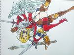  2girls agrias_oaks armor ass belt belts blonde_hair breasts final_fantasy final_fantasy_tactics gocchan_(big-up9898) high_heels long_boots long_gloves multiple_girls source_request sword thong traditional_art ultima_(fft) weapon white_hair wings wings_on_head 