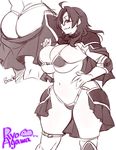  1girl agawa_ryou armor ass bikini_armor black_hair breasts bursting_breasts cape curvy female glasses huge_breasts long_hair monochrome navel simple_background solo white_background wide_hips 