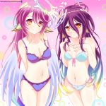  2girls angel_wings arms_behind_back bikini blue_bikini blush bow_bikini bra breasts cleavage closed_mouth commentary_request embarrassed eyebrows_visible_through_hair feathered_wings gradient_hair hair_between_eyes halo helvetica_5tandard highres jibril_(no_game_no_life) long_hair looking_at_viewer low_wings magic_circle medium_breasts multicolored multicolored_eyes multicolored_hair multiple_girls navel no_game_no_life open_mouth panties pink_hair purple_bra purple_eyes purple_hair purple_panties red_eyes shuvi_(no_game_no_life) small_breasts smile swimsuit underwear underwear_only very_long_hair watermark web_address wing_ears wings yellow_eyes 