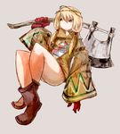  1009 1girl axe blonde_hair blue_eyes boots final_fantasy final_fantasy_tactics geomancer_(fft) gloves knees large_sleeves legs legs_crossed no_panties no_panties_implied solo thighs twintails upskirt weapon 