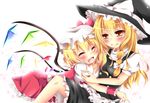  :d ^_^ blonde_hair blush bow braid closed_eyes flandre_scarlet hair_bow hat hat_bow hug kirisame_marisa long_hair miy@ multiple_girls open_mouth simple_background smile touhou wings witch_hat wrist_cuffs yellow_eyes 