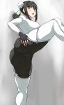  against_wall black_hair bodysuit breasts cameltoe erect_nipples fate/grand_order fate_(series) fingerless_gloves gloves green_eyes grey_background highres jadf large_breasts leg_lift legs looking_at_viewer open_mouth qin_liangyu_(fate) round_teeth short_hair skin_tight solo spread_legs teeth thick_thighs thighs white_legwear 