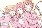  bag blush brown_hair chado hoshizora_rin jacket koizumi_hanayo love_live! love_live!_school_idol_project multiple_girls nishikino_maki open_clothes open_jacket open_mouth orange_hair purple_eyes red_hair short_hair smile track_jacket track_suit 