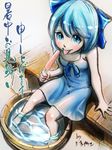  alternate_costume aqua_dress aqua_eyes aqua_hair bow bucket casual cirno dress food hair_bow hair_ornament hair_ribbon ice ice_cream ice_wings in_bucket in_container kouji_oota looking_at_viewer ribbon shochuumimai short_hair sitting sketch soaking_feet solo tongue tongue_out touhou translation_request water wings 