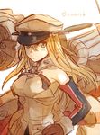  bismarck_(kantai_collection) blonde_hair blue_eyes breasts detached_sleeves hat kantai_collection large_breasts long_hair mika_(1020mk) military military_hat military_uniform peaked_cap sketch solo uniform 