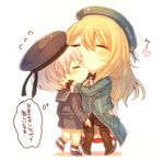  atago_(kantai_collection) blonde_hair breasts chibi flying_sweatdrops hat imminent_kiss kantai_collection long_hair medium_breasts mika_(1020mk) military military_uniform multiple_girls o3o pantyhose sailor_hat short_hair translated uniform yuri z1_leberecht_maass_(kantai_collection) 