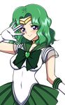  absurdres bishoujo_senshi_sailor_moon blue_eyes blush breasts choker forehead_jewel gloves green_hair highres kaiou_michiru magical_girl sailor_neptune short_hair skirt smile solo super_sailor_neptune tiara transparent_background v_over_eye white_gloves yagami_(mukage) 