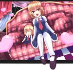  :d bad_id bad_pixiv_id blonde_hair blouse character_doll checkered checkered_floor couch dress frilled_dress frills hair_ribbon heart long_sleeves necktie open_mouth orange_eyes pantyhose ribbon rumia short_hair sitting smile touhou wendell 