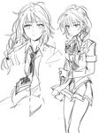  armband braid coppelion greyscale itami_setsuna long_hair miniskirt monochrome necktie penki pleated_skirt radiation_symbol school_uniform sketch skirt solo 