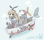  &gt;_&lt; :3 anchor_symbol bad_id bad_pixiv_id blonde_hair blue_skirt boat bow closed_eyes elbow_gloves gloves ground_vehicle hair_bow hairband highres kantai_collection lifebuoy long_hair looking_at_viewer motor_vehicle neckerchief open_mouth parody pleated_skirt pointing propeller rensouhou-chan sailor_collar shimakaze_(kantai_collection) skirt solo striped striped_legwear thighhighs v-shaped_eyebrows wacky_races watercraft yuasan |_| 
