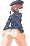  :o ass bangs blunt_bangs blush brown_eyes brown_hair butt_crack cowboy_shot dress from_behind hands_on_hips hat highres ipuu_(el-ane_koubou) kantai_collection looking_back panties sailor_collar sailor_dress sailor_hat short_hair simple_background solo underwear white_background white_panties z3_max_schultz_(kantai_collection) 