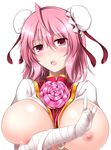  ahoge bad_id bad_pixiv_id bandages blush breasts breasts_outside bun_cover chinese_clothes double_bun flower gisyo huge_breasts ibaraki_kasen looking_at_viewer nipples open_mouth pink_eyes pink_hair rose short_hair simple_background solo tabard touhou white_background 