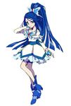  blue_eyes blue_hair bow cure_aqua elbow_gloves frilled_skirt frills full_body gloves hair_bow high_heels long_hair looking_at_viewer magical_girl minazuki_karen penki ponytail precure shorts shorts_under_skirt skirt solo white_background yes!_precure_5 