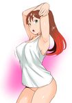  arms_up bad_id bad_twitter_id blush bottomless breasts brown_hair character_request cleavage covered_nipples gradient gradient_background green_eyes large_breasts long_hair ojo_(dfreak) open_mouth ponytail simple_background solo tank_top 