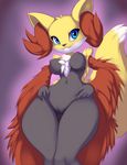  2014 anthro blue_eyes breasts canine delphox female fennec fox fur happy looking_away mammal navel nintendo nipples nude pok&eacute;mon pussy smile solo standing thefuckingdevil thick_thighs video_games 