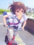  banned_artist bicycle blue_sky blush breasts brown_eyes brown_hair commentary_request day food food_in_mouth ground_vehicle house late_for_school mana_kakkowarai medium_breasts mouth_hold neckerchief original road school_uniform serafuku shirt short_sleeves skirt sky solo toast toast_in_mouth 