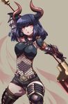  belt blue_hair breasts character_request choker deviljho_(armor) fishnets gauntlets gore_magala_(armor) horns huge_weapon large_breasts monster_hunter nargacuga_(armor) polearm red_eyes short_hair shorts solo thighhighs tokyo_(great_akuta) weapon 