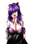  bare_shoulders bow bra breasts cleavage detached_sleeves forked_tongue hair_bow hair_over_one_eye highres large_breasts long_hair long_tongue naughty_face original pink_eyes ponytail purple_hair sacchan_(samuimu) saliva samuimu solo strap_slip tongue transparent_background underwear wide_sleeves 