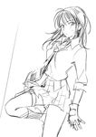  coppelion fingerless_gloves gloves greyscale holster kneehighs leaning looking_at_viewer miniskirt monochrome naruse_ibara necktie penki plaid plaid_skirt shirt sketch skirt sleeves_rolled_up solo striped striped_neckwear thigh_holster 