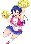 ;d alp arm_up blue_hair blush brown_eyes happy_maker! headband long_hair looking_at_viewer love_live! love_live!_school_idol_project one_eye_closed open_mouth pom_poms skirt smile solo sonoda_umi vest 