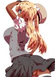  ass blonde_hair blue_eyes breasts cabbie_hat dark_skin from_behind hat hat_removed headwear_removed large_breasts long_hair looking_back pokemon pokemon_(game) pokemon_xy serena_(pokemon) skirt solo taut_clothes thighhighs tokyo_(great_akuta) twintails watch wristwatch 