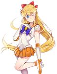  ;) aino_minako bad_id bad_pixiv_id bishoujo_senshi_sailor_moon blonde_hair blue_eyes bow choker elbow_gloves gloves hair_bow half_updo hand_on_own_chest high_heels jewelry l_(nanaki_0524) leg_up long_hair looking_at_viewer magical_girl no_choker one_eye_closed orange_sailor_collar orange_skirt red_bow sailor_collar sailor_senshi_uniform sailor_venus short_sleeves simple_background skirt smile solo standing standing_on_one_leg strappy_heels tiara white_background white_gloves 