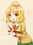  :d bad_id bad_pixiv_id bell blonde_hair brown_eyes chiguhako dotted_line doubutsu_no_mori hair_bell hair_ornament heart humanization jingle_bell open_mouth pen shizue_(doubutsu_no_mori) smile solo 