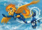  blonde_hair blue_hair brown_eyes cloud duo equine eyewear female flying friendship_is_magic goggles green_eyes hair male mammal my_little_pony orange_hair outside overalls pegasus skinsuit sky soarin_(mlp) sophiecabra spitfire_(mlp) tess_garman wings wonderbolts_(mlp) 