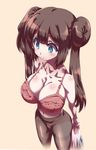  blue_eyes bra breasts brown_hair cleavage crotch_seam double_bun huge_breasts long_hair mei_(pokemon) panties panties_under_pantyhose pantyhose pokemon pokemon_(game) pokemon_bw2 simple_background solo thighband_pantyhose tokyo_(great_akuta) twintails underwear underwear_only undressing 