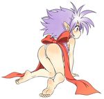 all_fours ass bare_arms bare_legs bare_shoulders barefoot blush bow closed_mouth eyebrows_visible_through_hair feet from_behind full_body fundoshi horn japanese_clothes kneeling looking_away m.u.g.e.n messy_hair oyatsu_(mk2) pointy_ears purple_eyes purple_hair purple_shirt shirt simple_background sleeveless soles solo spiked_hair toe_scrunch toenails toes white_background 