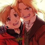  absurdres alphonse_elric automail blonde_hair blush brothers brown_eyes brown_hair cheek-to-cheek cloak conqueror_of_shambala edward_elric fullmetal_alchemist hand_on_another's_shoulder highres jacket long_hair looking_at_viewer multiple_boys older one_eye_closed open_mouth ponytail siblings skyfiss smile yellow_eyes 