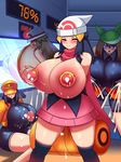  4girls blue_(pokemon) blue_eyes blue_hair breasts brown_hair gigantic_breasts haruka_(pokemon) hikari_(pokemon) huge_breasts lactation milking_machine multiple_girls pokemon pussy_juice raion-san scarf skin_tight thighhighs 