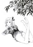  absurdres barefoot fang from_behind greyscale hair_ornament hairclip highres japanese_clothes kimono looking_at_viewer looking_back lying monochrome on_stomach panties rumia sawamin short_kimono sketch smile solo tanabata touhou underwear 