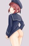  ass bottomless brown_eyes brown_hair clothes_writing from_behind hat highres ipuu_(el-ane_koubou) kantai_collection looking_at_viewer looking_back naked_shirt shirt shirt_tug short_hair solo z3_max_schultz_(kantai_collection) 