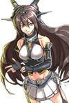  adjusting_clothes adjusting_gloves brown_hair fingerless_gloves garter_straps gloves kantai_collection long_hair looking_at_viewer midriff nagato_(kantai_collection) navel red_eyes s_tanly skirt solo 