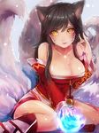  1girl ;o ahri animal_ears bare_shoulders black_hair breasts cleavage collarbone detached_sleeves facial_mark fang female fox_ears fox_tail large_breasts league_of_legends long_hair maipou_(maihana) multiple_tails sitting snow solo tagme yellow_eyes 