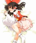  ascot ass bloomers bloomers_pull blush bobby_socks bow brown_eyes brown_hair detached_sleeves hair_bow hair_tubes hakurei_reimu kanoe_soushi large_bow long_hair long_sleeves one_eye_closed skirt skirt_set socks solo tears touhou undershirt underwear wide_sleeves 