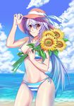  absurdres bad_id bad_pixiv_id beach bikini blue_hair blue_sky blush bouquet breasts cleavage cloud collarbone cowboy_shot day flower gradient_hair hand_on_headwear hat highres holding horizon large_breasts lavender_hair long_hair looking_at_viewer multicolored_hair ocean outdoors ponytail red_eyes sand side-tie_bikini silver_hair sky smarms smile solo standing straw_hat string_bikini striped striped_bikini sun_hat sunflower swimsuit very_long_hair vocaloid voyakiloid water yowane_haku 