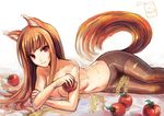  absurdres animal_ears apple applesauce breasts brown_hair brown_legwear food fruit highres holding holo long_hair looking_at_viewer lying medium_breasts messy navel on_side pantyhose parted_lips red_eyes saimon_ma sexually_suggestive solo spice_and_wolf tail topless wheat wolf_ears wolf_tail 