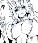  areola_slip areolae breasts center_opening greyscale holding holding_weapon lance large_breasts league_of_legends lowres mermaid monochrome monster_girl nami_(league_of_legends) polearm solo weapon white_background 