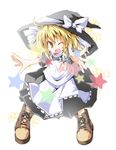  ;d ahoge apron blonde_hair boots bow braid chibi dress hat hat_bow kirisame_marisa long_hair one_eye_closed open_mouth short_sleeves single_braid smile solo star touhou waist_apron witch_hat yellow_eyes yuuhi_alpha 